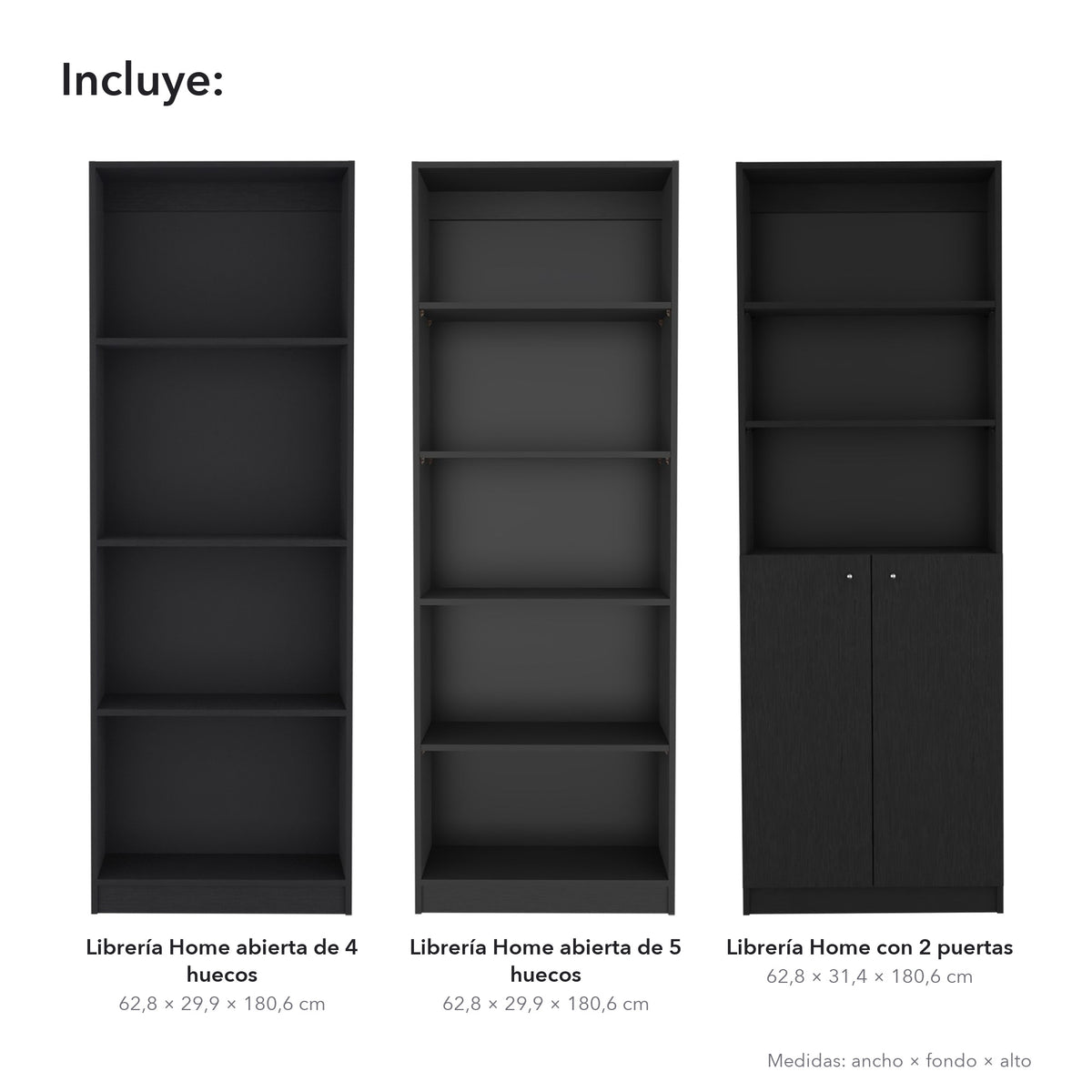 Conjunto de 3 librerías Home de 181 cm: 1 abierta de 4 huecos + 1 abierta de 5 huecos + 1 con 2 puertas, wengué