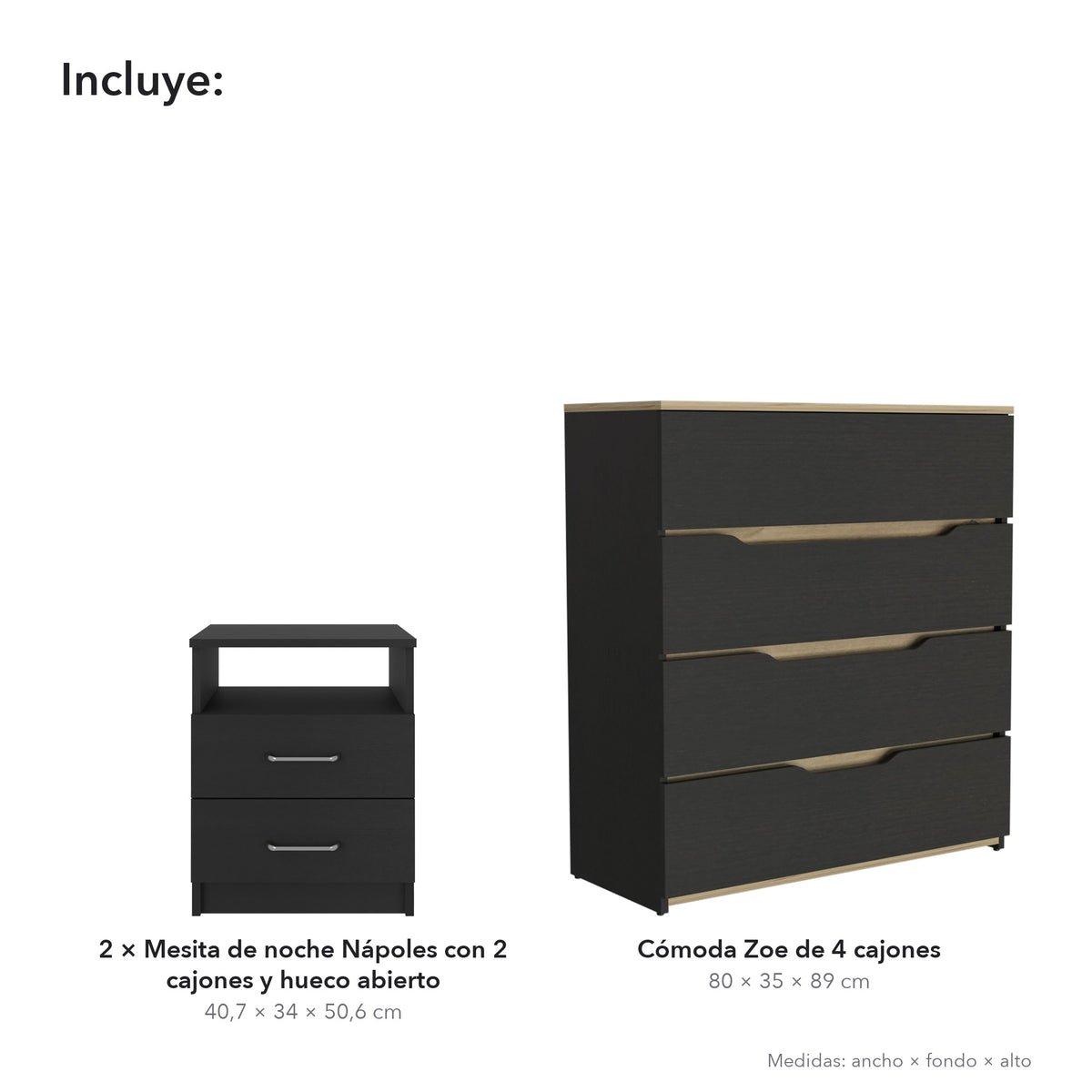 Conjunto de dormitorio: cómoda Zoe de 80 cm + 2 mesitas de noche Nápoles, wengué