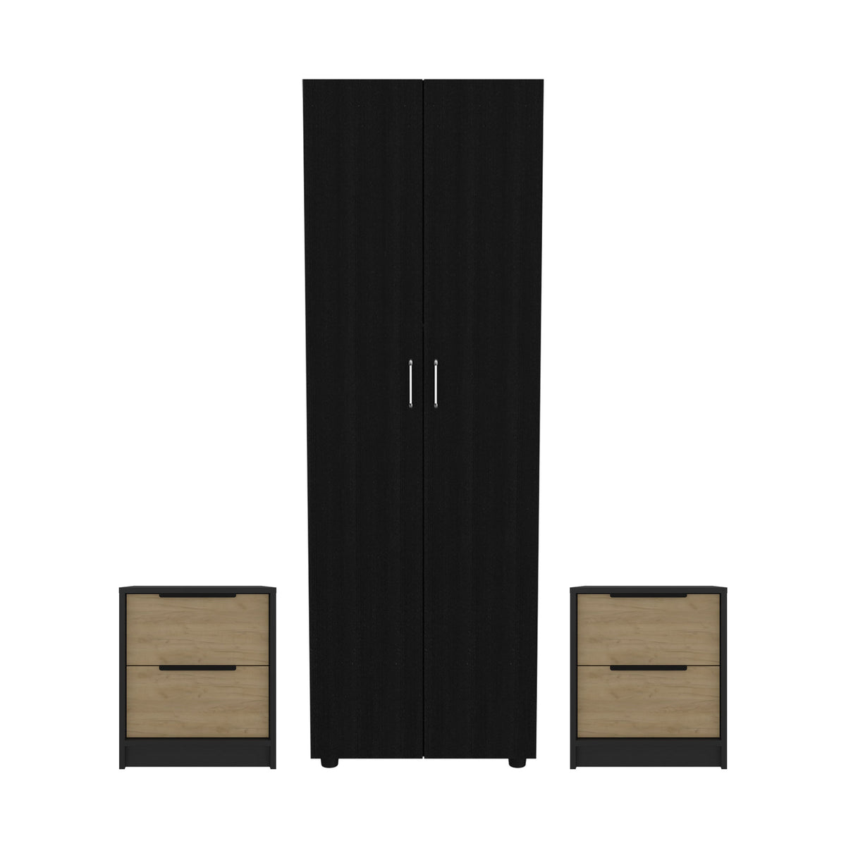 Conjunto de dormitorio: armario ropero Aurora de 180 cm + 2 mesitas de noche Kaia, wengué y roble miel