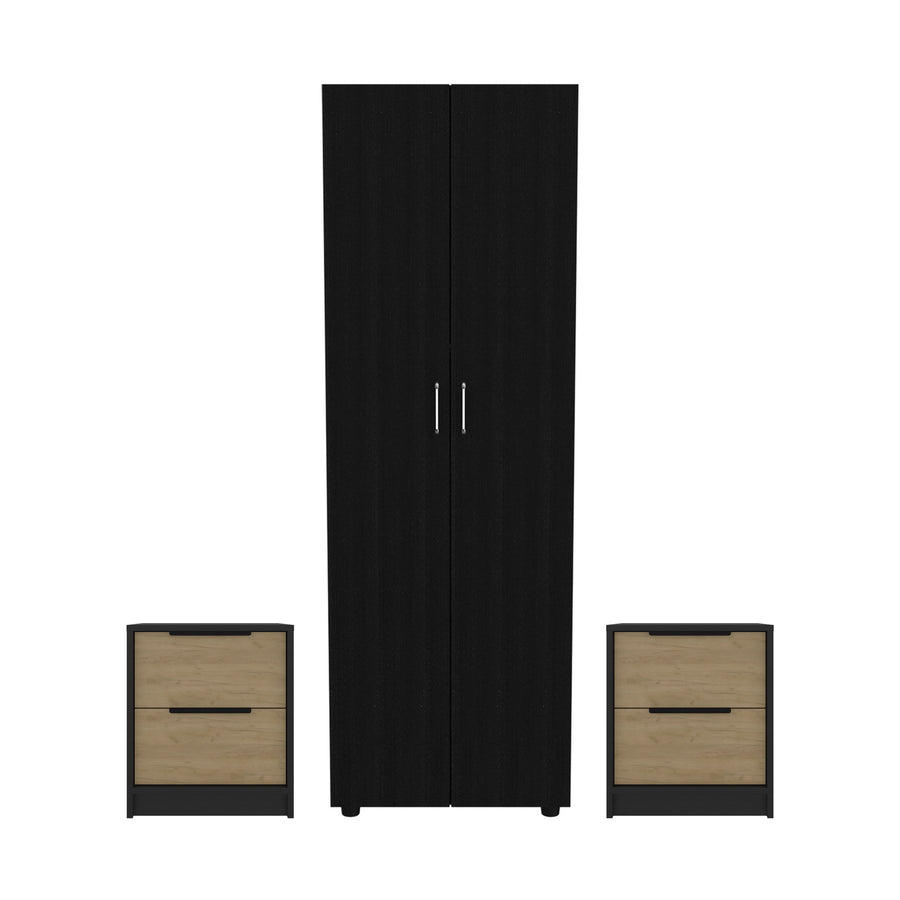 Conjunto de dormitorio: armario ropero Aurora de 180 cm + 2 mesitas de noche Kaia, wengué y roble miel