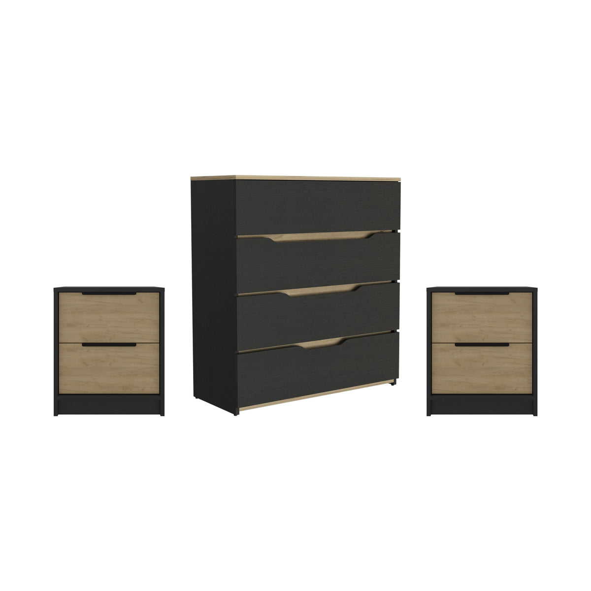 Conjunto de dormitorio: cómoda Zoe de 80 cm + 2 mesitas de noche Kaia, wengué y roble