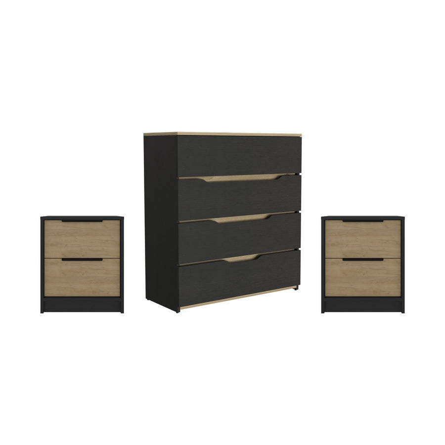 Conjunto de dormitorio: cómoda Zoe de 80 cm + 2 mesitas de noche Kaia, wengué y roble
