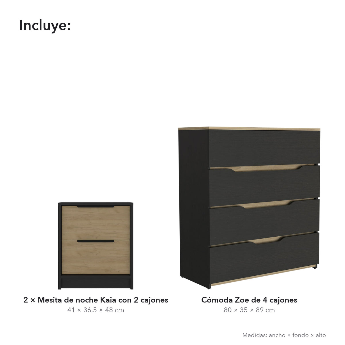 Conjunto de dormitorio: cómoda Zoe de 80 cm + 2 mesitas de noche Kaia, wengué y roble