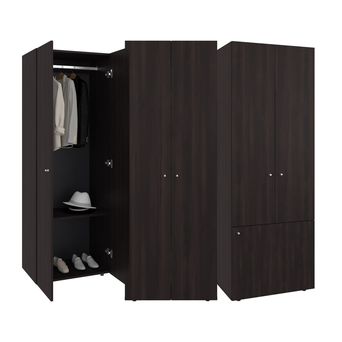 Conjunto de 3 armarios Home de 170 cm: 2 puertas con barra + 2 puertas con estantes + 3 puertas con estantes, nogal