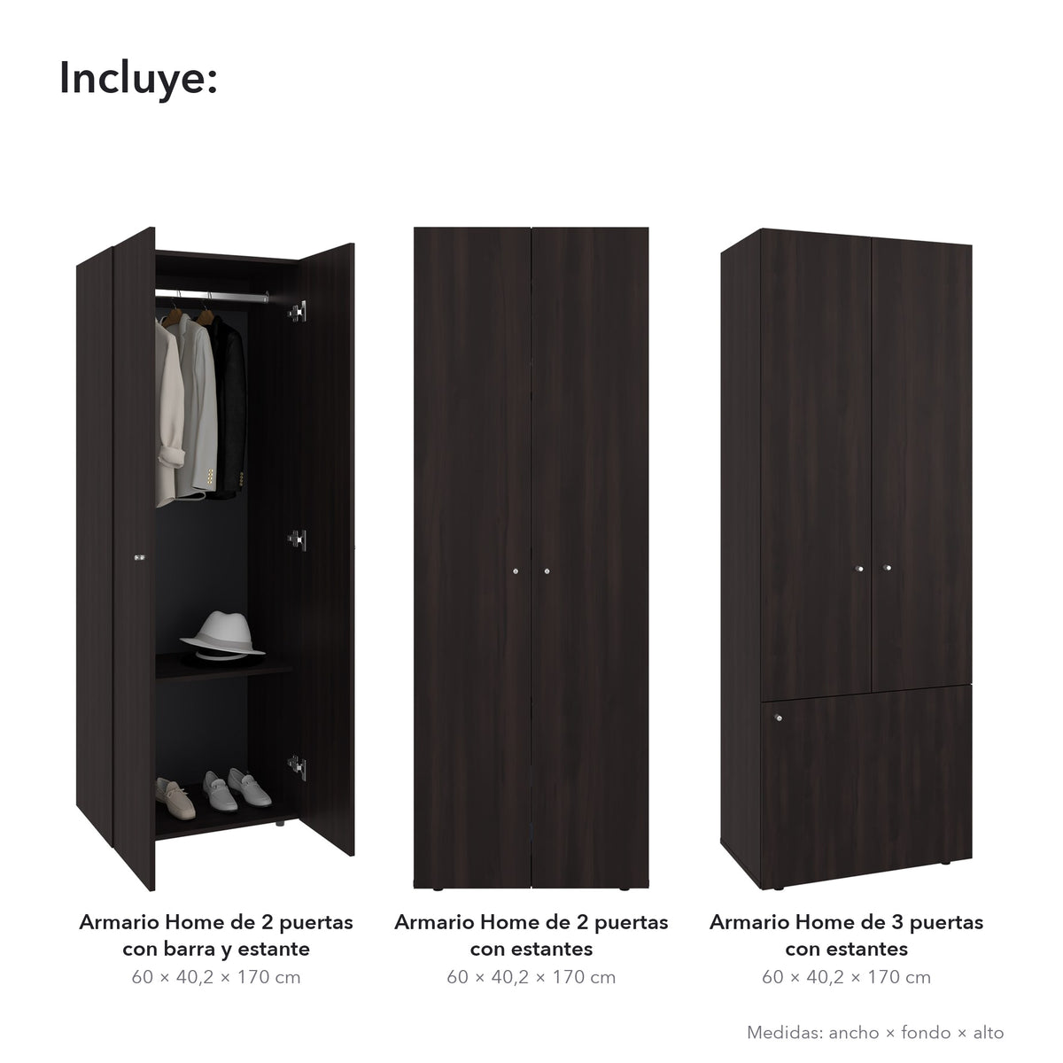 Conjunto de 3 armarios Home de 170 cm: 2 puertas con barra + 2 puertas con estantes + 3 puertas con estantes, nogal