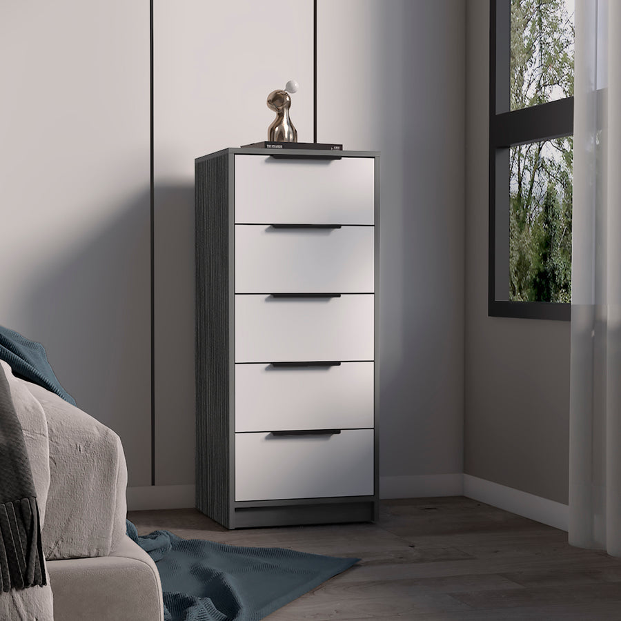Cómoda Kaia de 45 cm con 5 cajones, roble gris y blanco