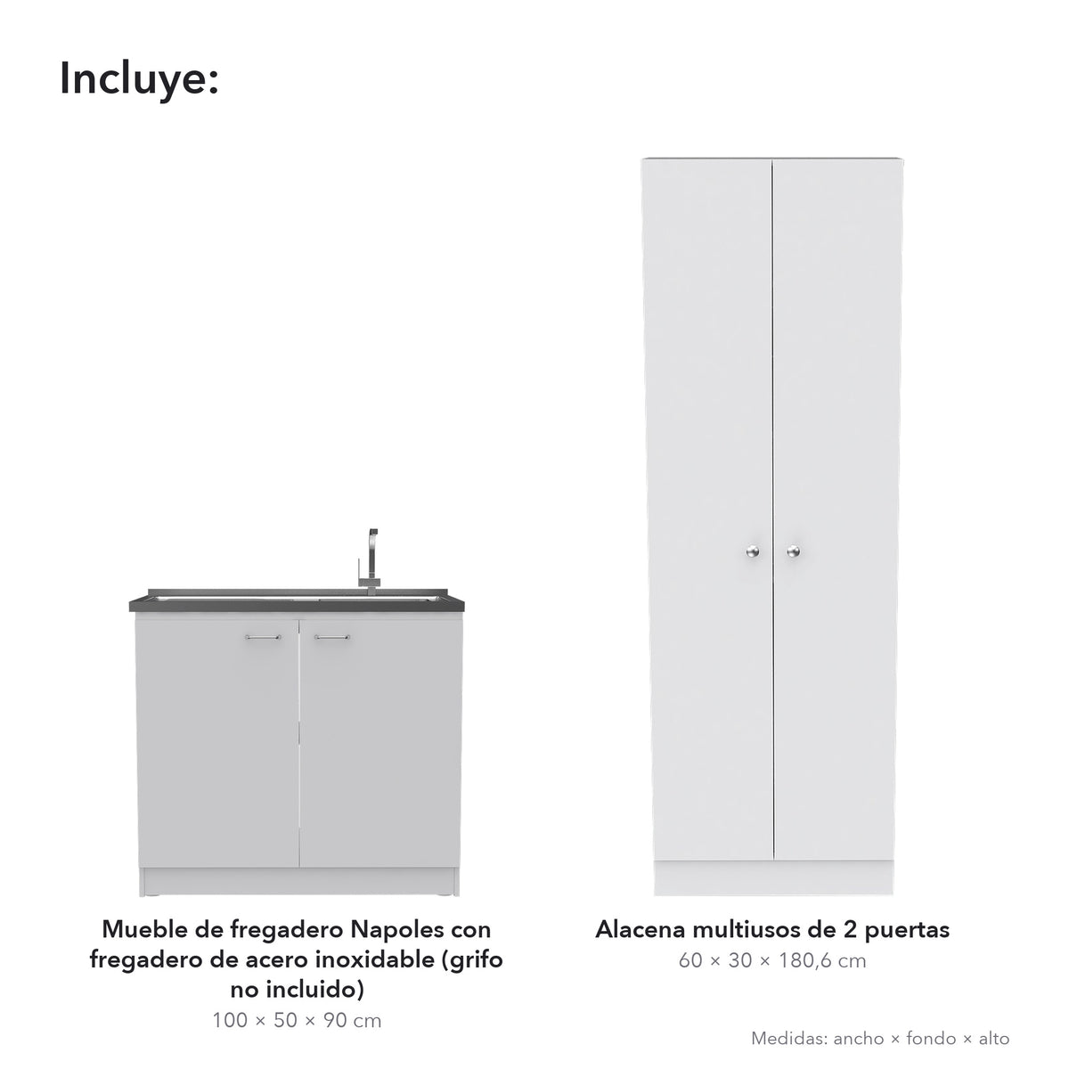 Conjunto de cocina: mueble de fregadero Napoles de 100 cm + alacena multiusos de 181 cm, blanco