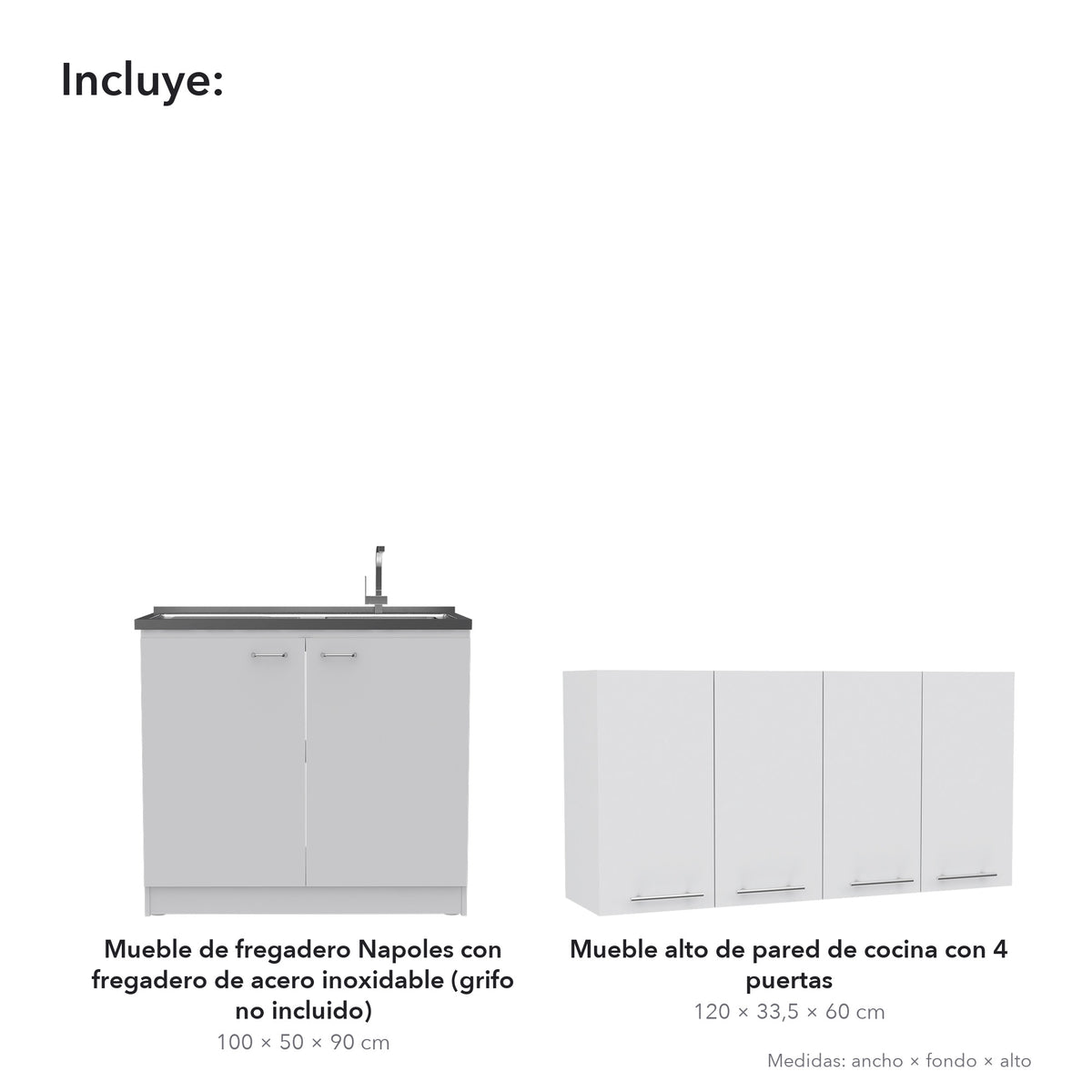 Conjunto de cocina: mueble de fregadero Napoles de 100 cm + mueble alto de pared de 120 cm, blanco