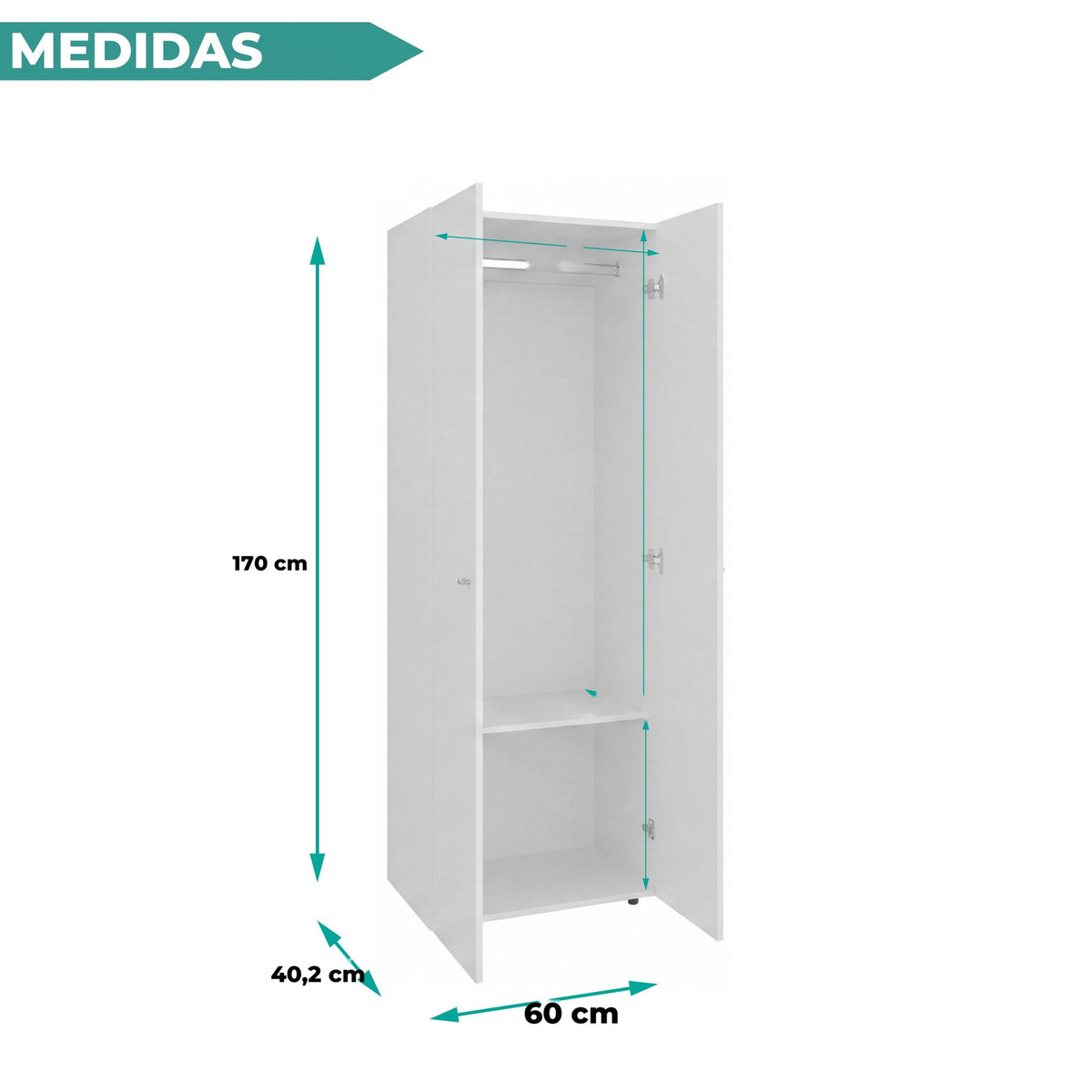 TUHOME CONCEPT Armario Home Dreams M1 de 170 cm con 2 puertas, barra de colgar y estante, blanco