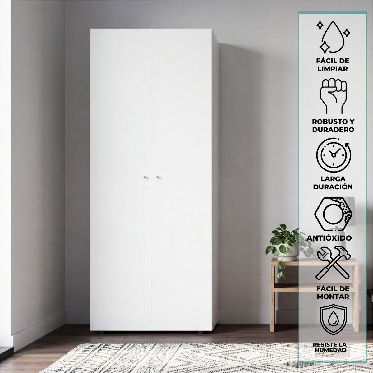 TUHOME CONCEPT Armario Home Dreams M1 de 170 cm con 2 puertas, barra de colgar y estante, blanco