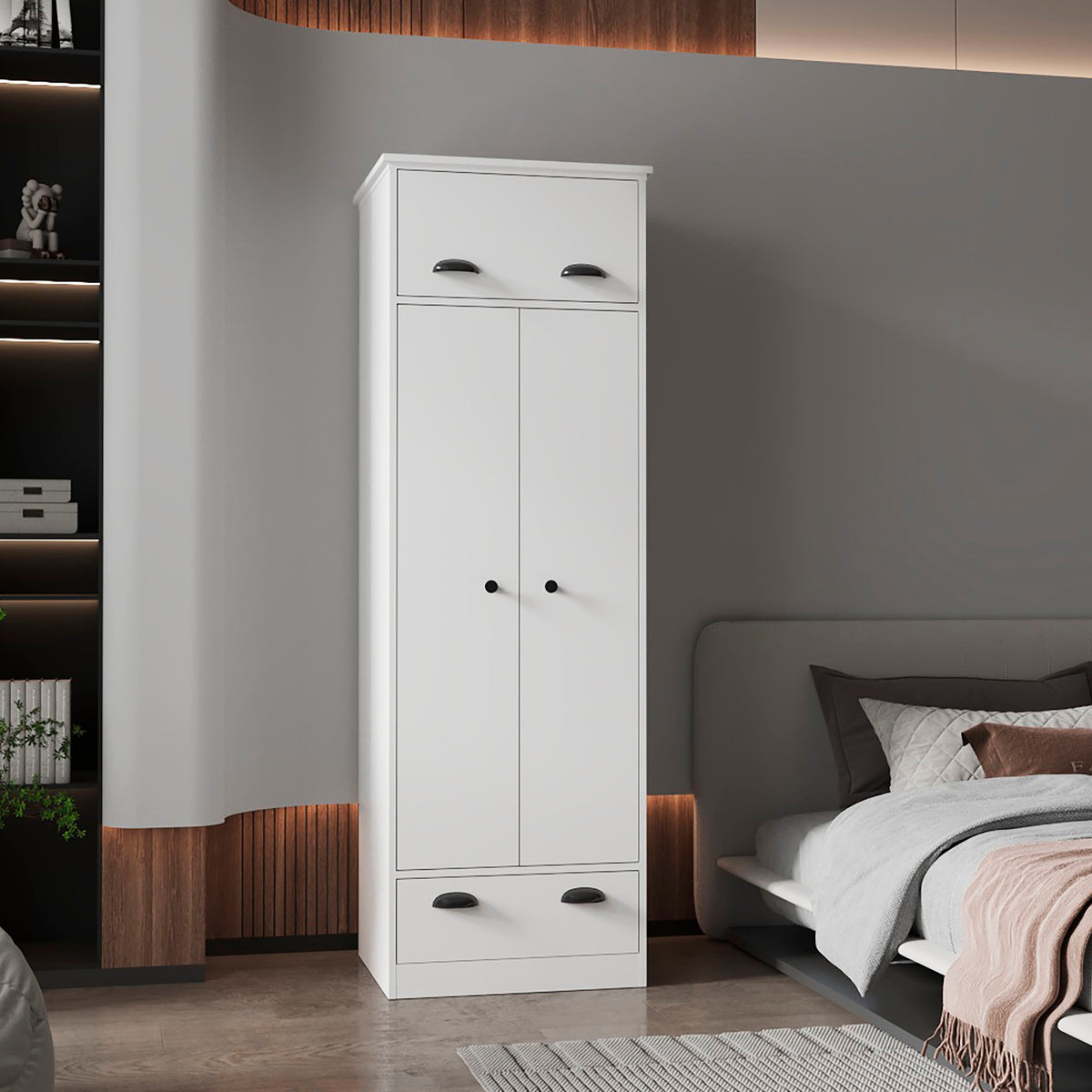 TUHOME CONCEPT Armario ropero Falkland de 179 cm con 3 puertas, 1 cajón y barra de colgar, blanco
