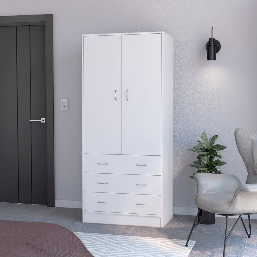 Armario ropero Taly de 180 cm con 2 puertas, 3 cajones y barra de colgar, blanco