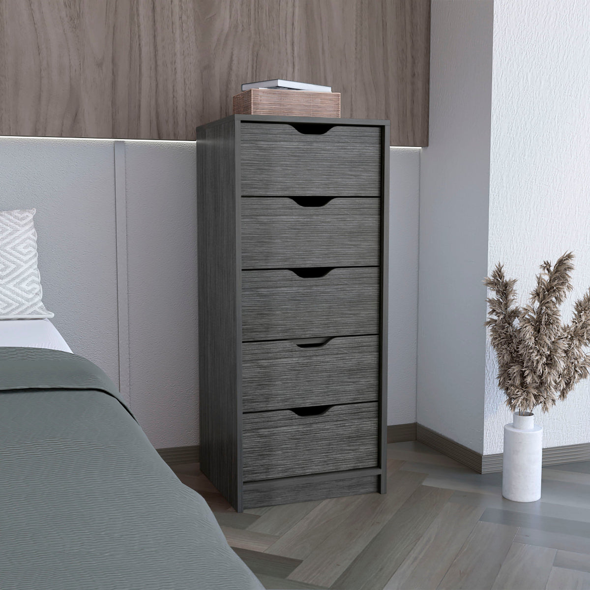 Cómoda Basilea Narrow de 45 cm, roble gris, en ambiente – TUHOME