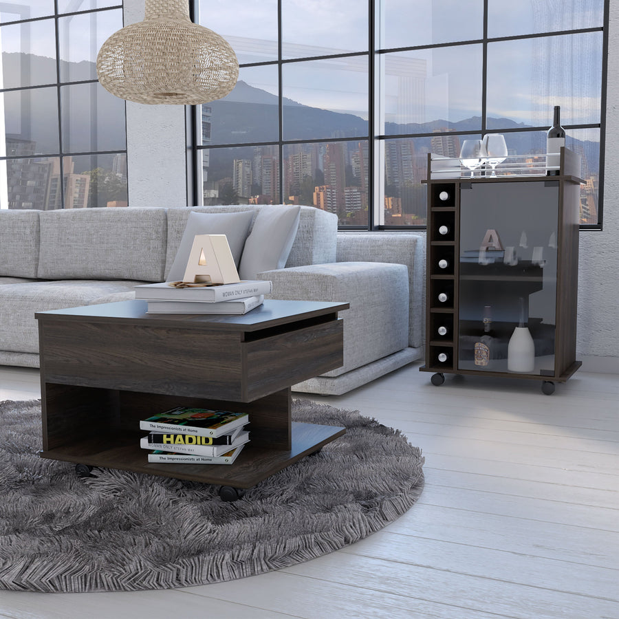 Conjunto Riverside de Salón, Carrito de Bar + Mesa de Centro Elevable