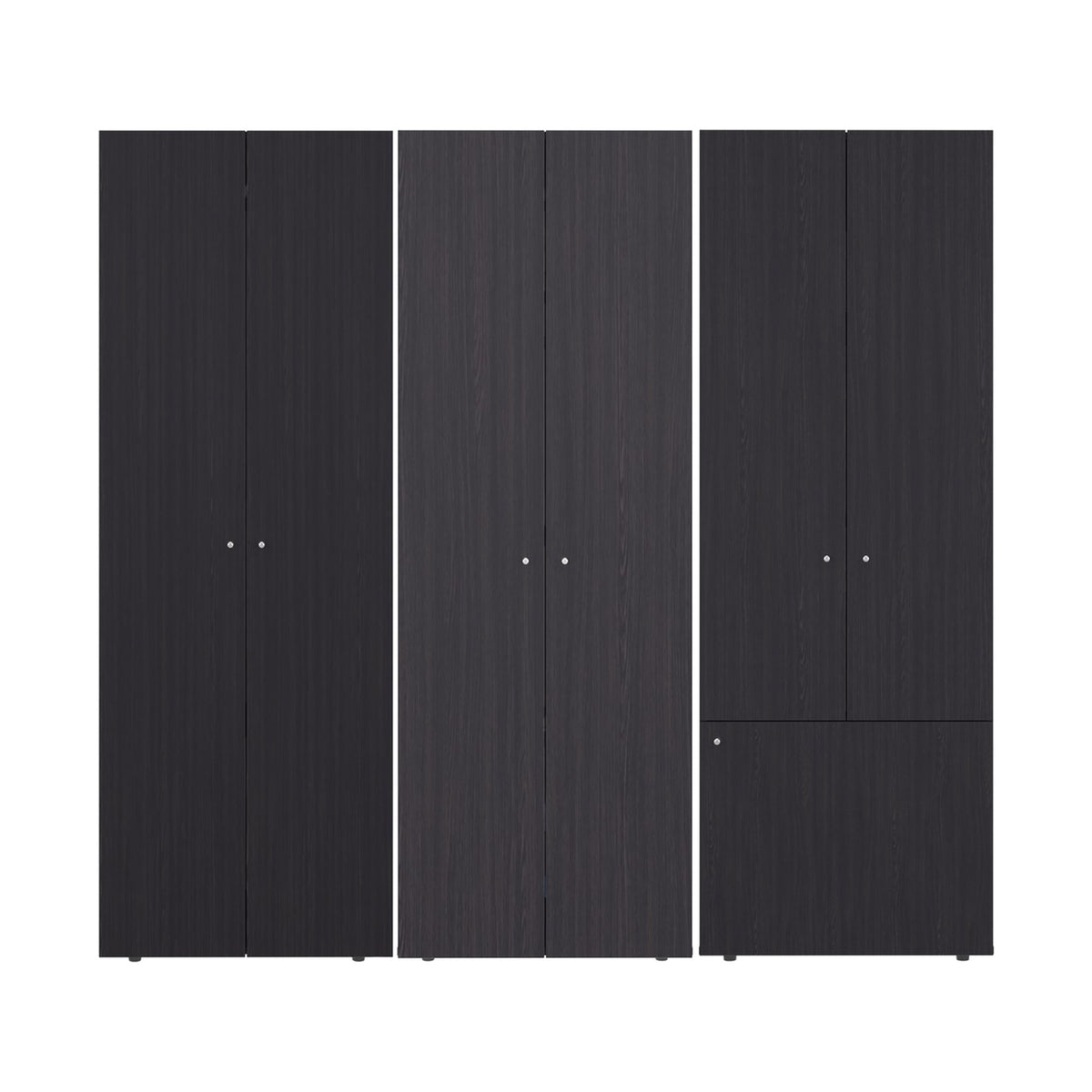 Conjunto de 3 armarios Home de 170 cm: 2 puertas con barra + 2 puertas con estantes + 3 puertas con estantes, wengué