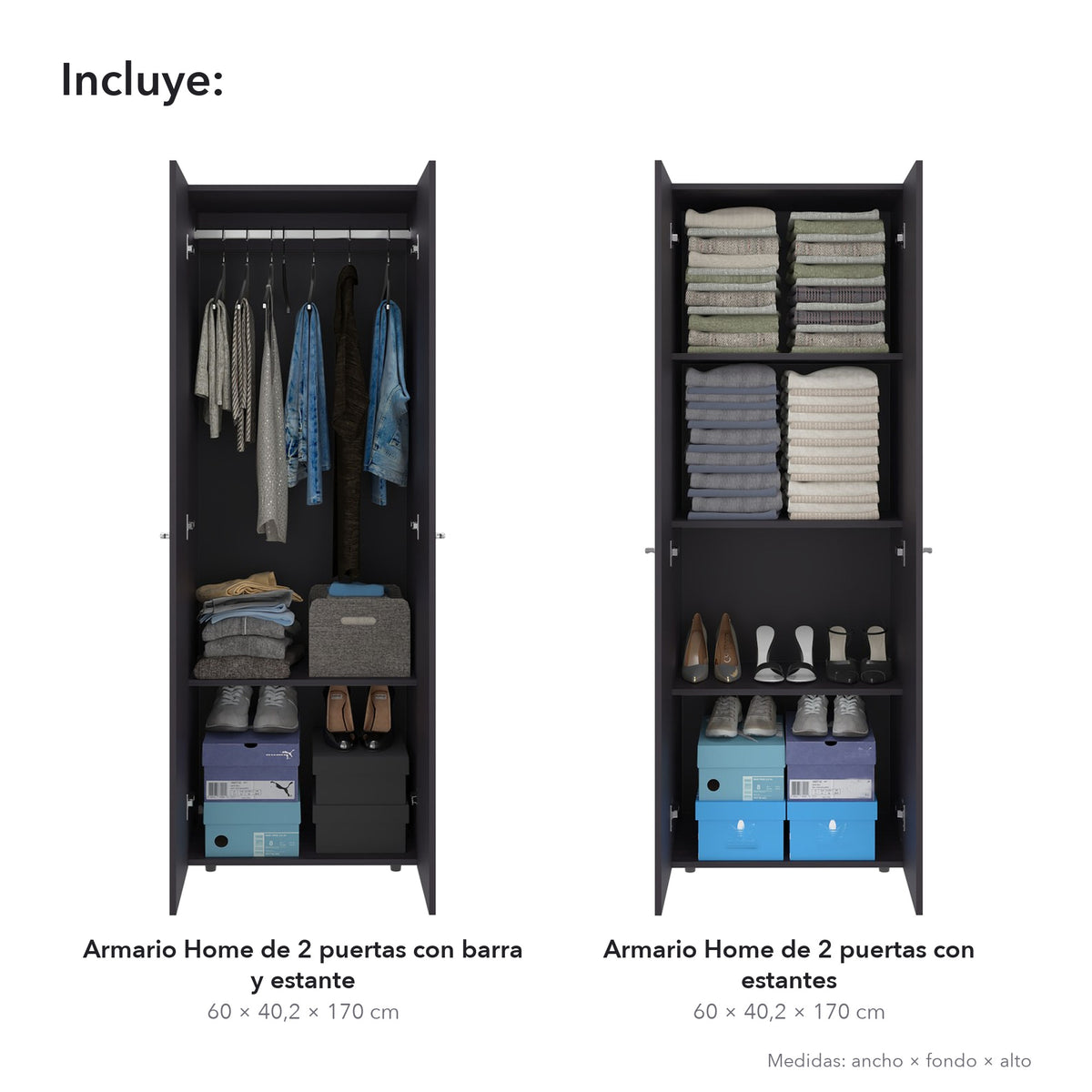 Conjunto de 2 armarios Home de 170 cm: 2 puertas con barra + 2 puertas con estantes, wengué