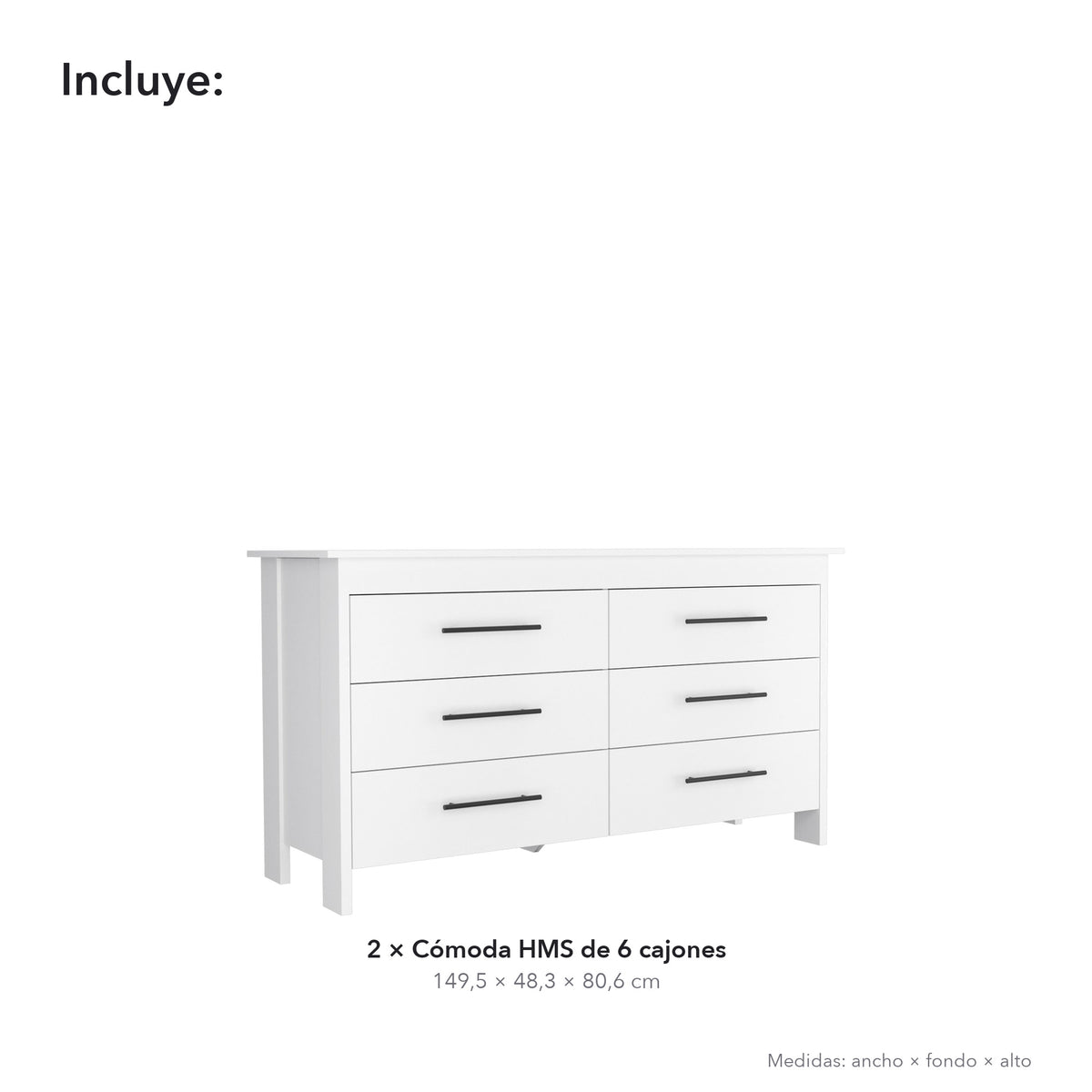 TUHOME CONCEPT Pack de 2 cómodas HMS de 6 cajones, blanco