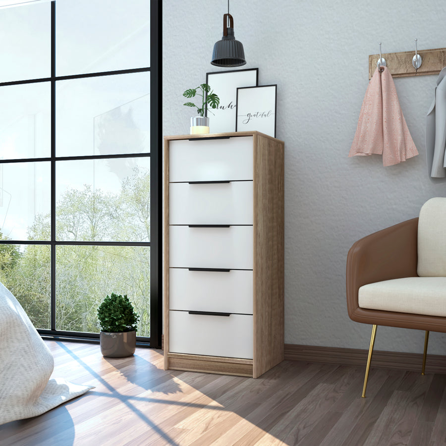 Cómoda Kaia de 45 cm con 5 cajones, blanco y roble miel