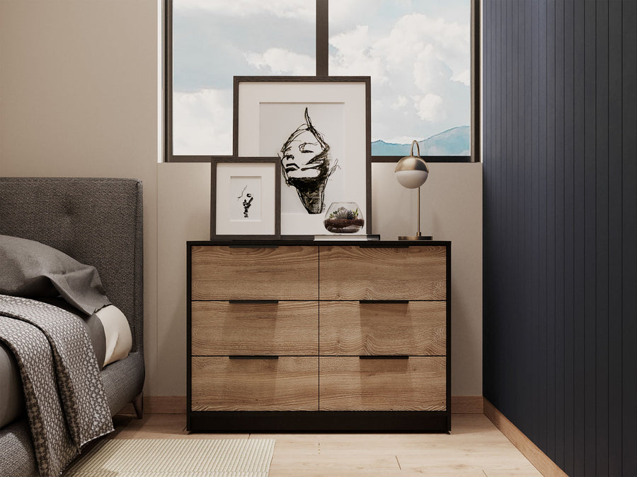 Cómoda Kaia de 107 cm con 4 cajones, wengué y roble miel