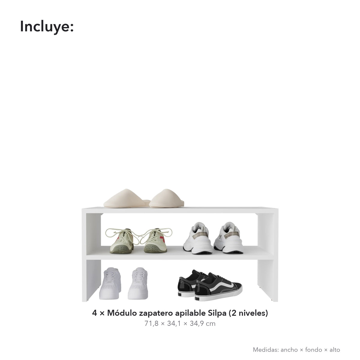 Conjunto zapatero Silpa de 8 niveles: 4 módulos apilables de 72 cm, blanco