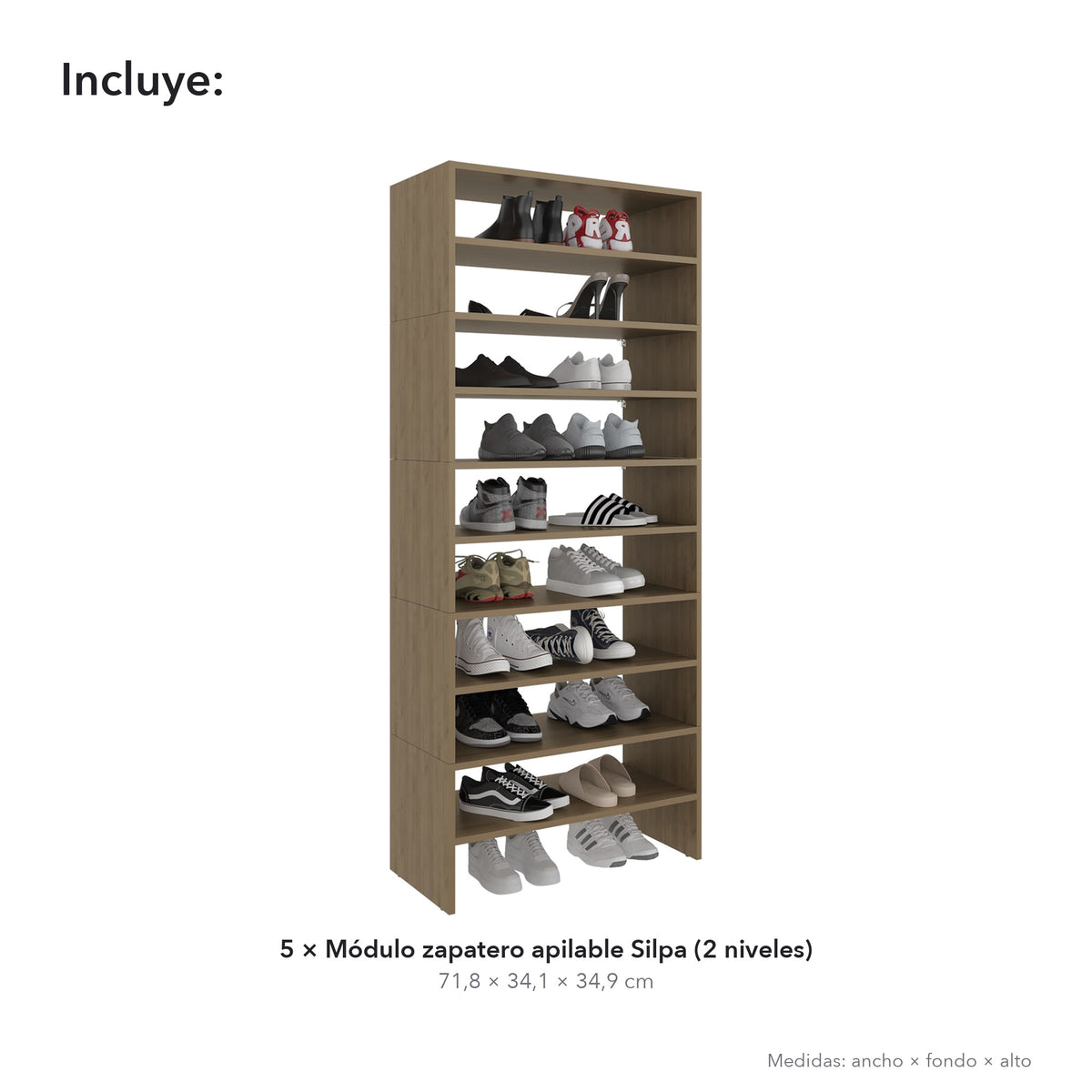 Conjunto zapatero Silpa de 10 niveles: 5 módulos apilables de 72 cm, fresno