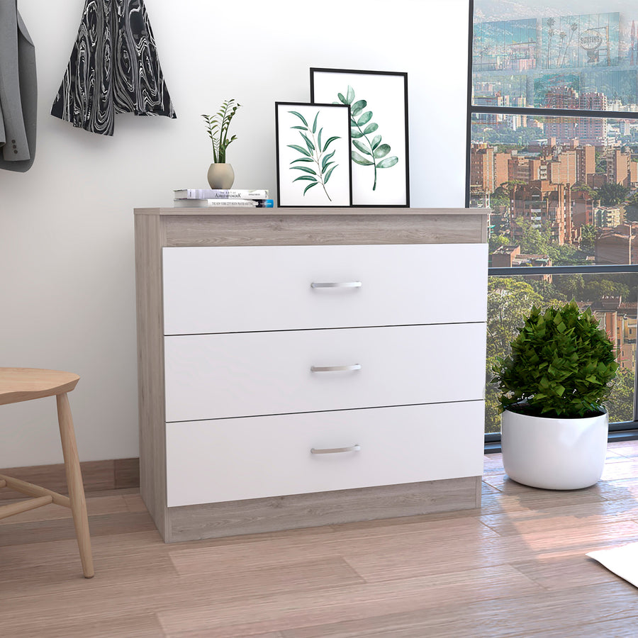 Cómoda Melia de 80 cm con 3 cajones, gris ceniza y blanco