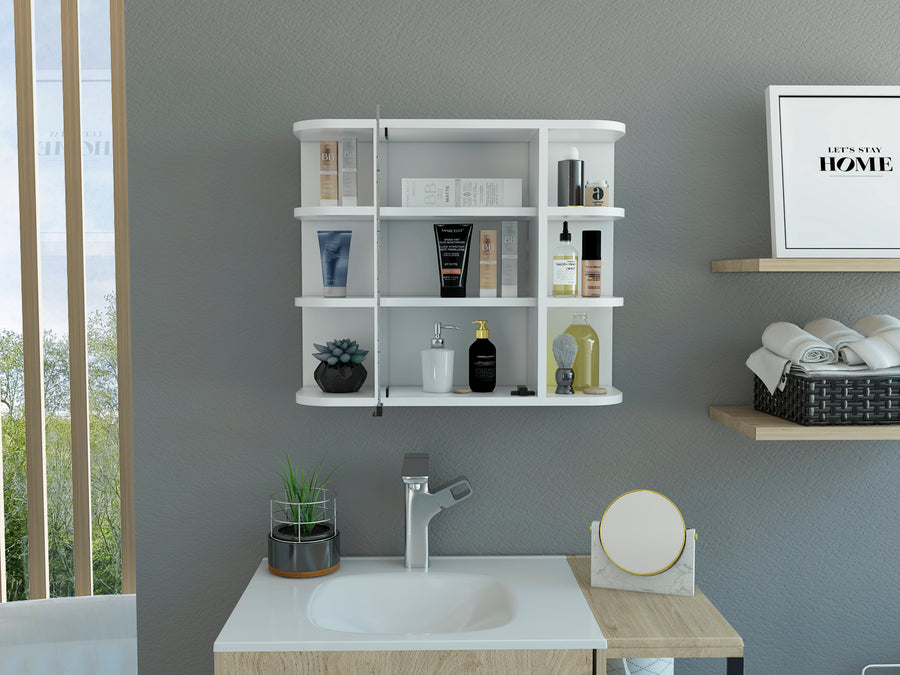 Armario de Pared para Baño Milán con Estantes y Espejo, Blanco Nevado/ Wengue