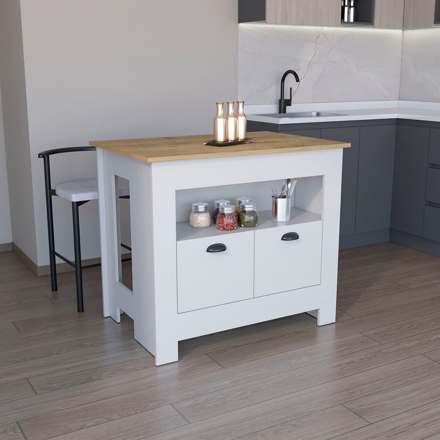 Isla de cocina Arlet de 103 cm, blanco y macadamia