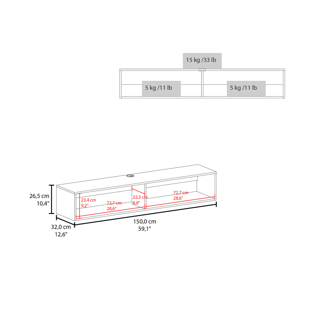Mueble de TV flotante de 150 cm, wengué, foto 9 – TUHOME