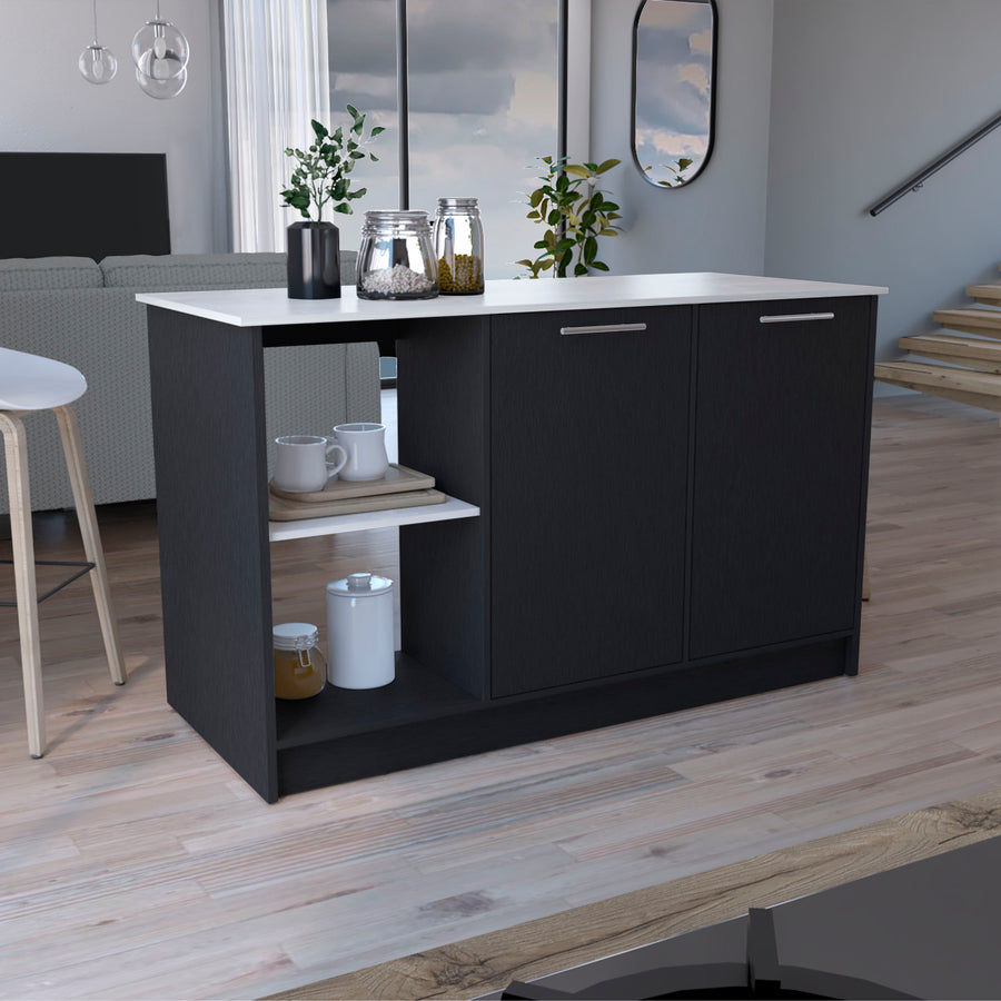 Isla de cocina Juniper de 150 cm con 2 puertas, blanco y negro ónix