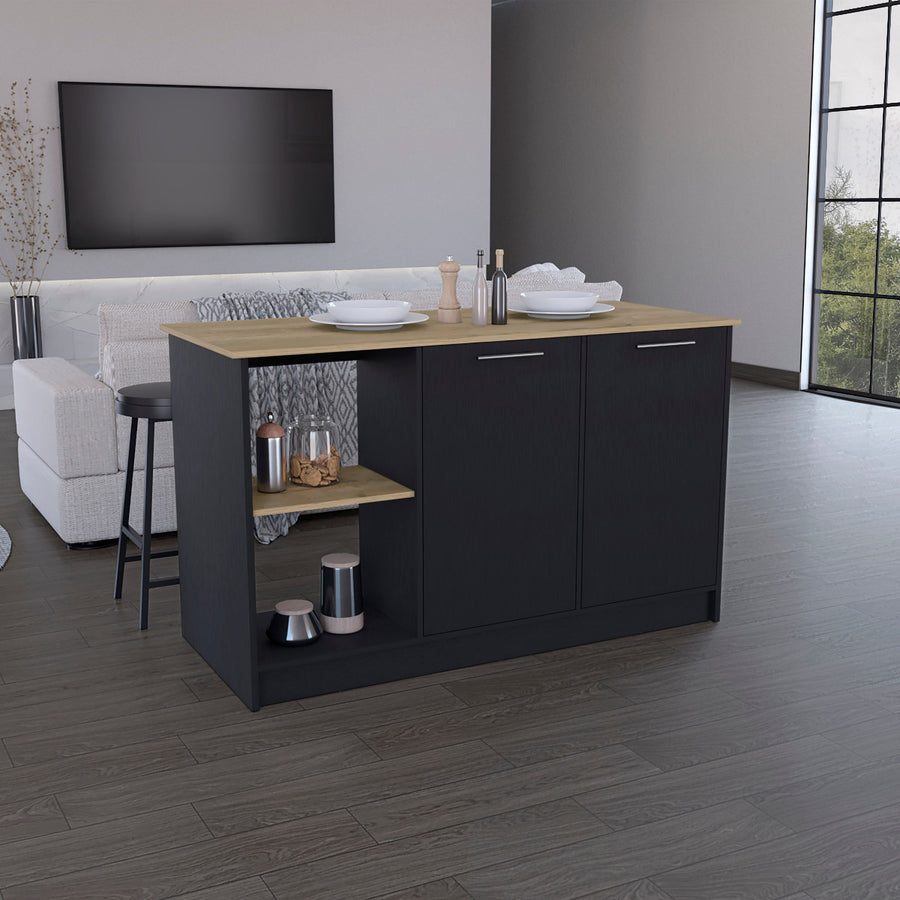 Isla de cocina Juniper de 150 cm con 2 puertas, wengué y macadamia
