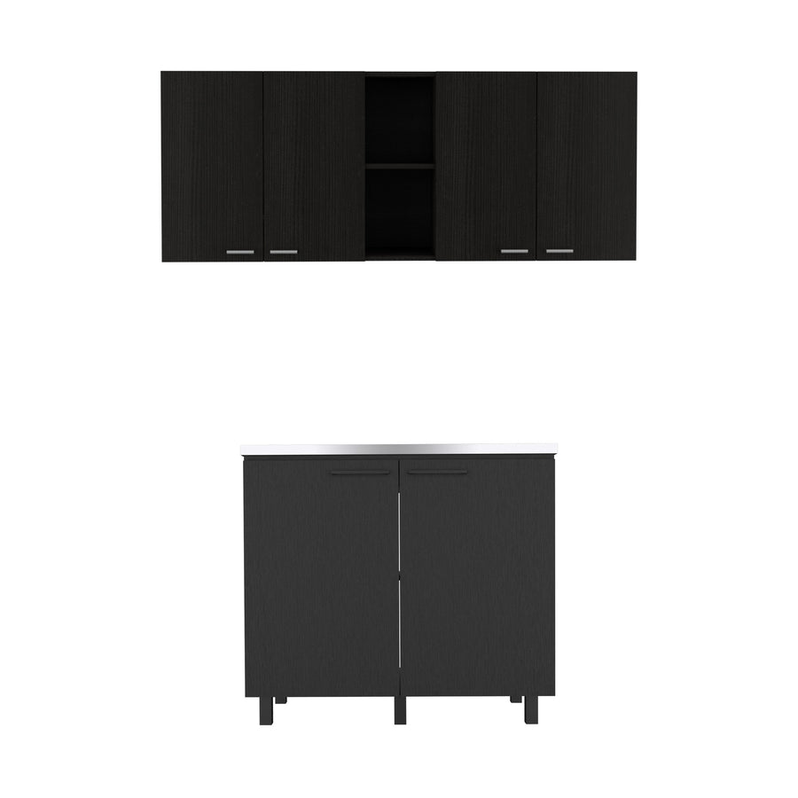 Conjunto de cocina: mueble de fregadero Napoles de 100 cm + mueble alto de pared Portofino de 150 cm, wengué
