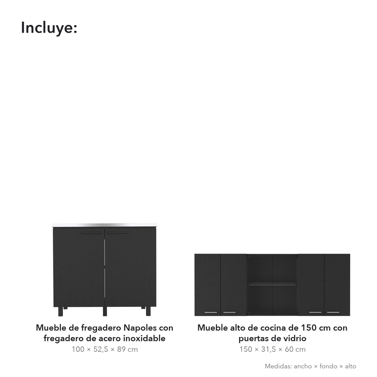 Conjunto de cocina: mueble de fregadero Napoles de 100 cm + mueble alto de 150 cm con puertas de vidrio, wengué