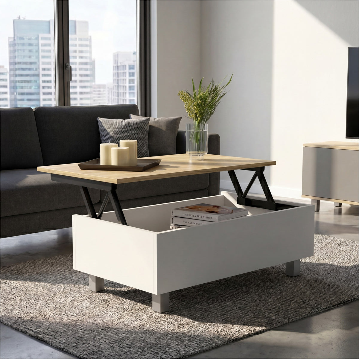 TUHOME CONCEPT Mesa de centro elevable Gambia de 80 cm con compartimento oculto, blanco y roble arena (MBD 5018) 3