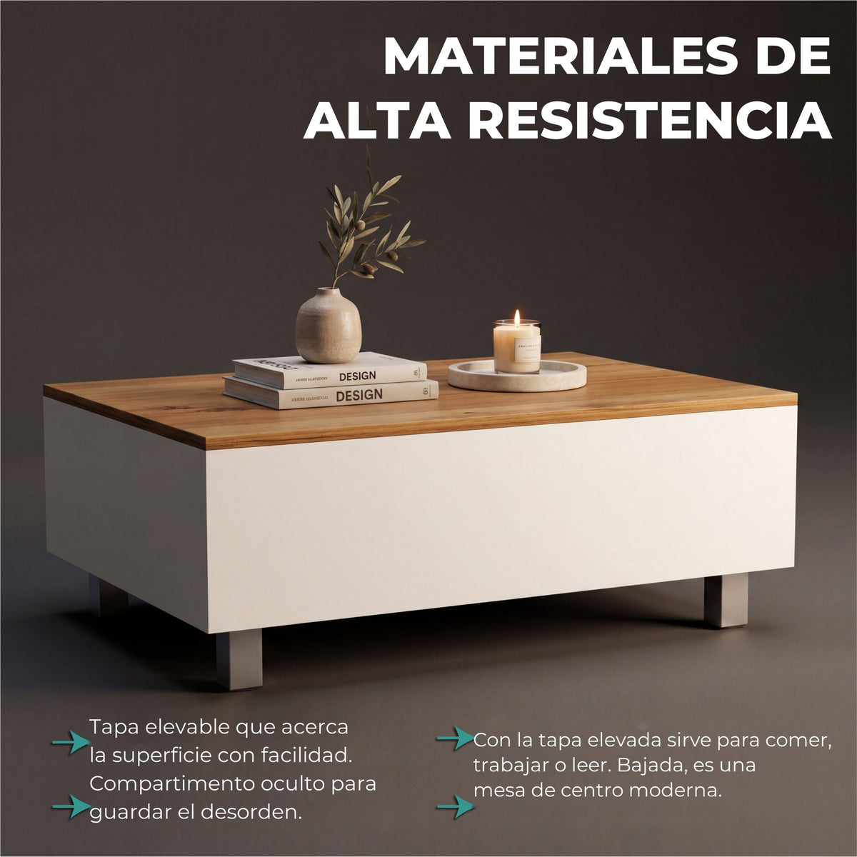 TUHOME CONCEPT Mesa de centro elevable Gambia de 80 cm con compartimento oculto, blanco y roble arena (MBD 5018) 5