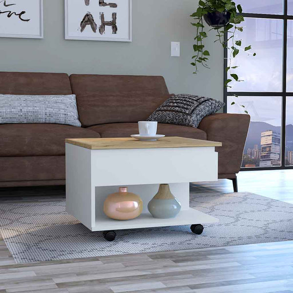 Mesa de centro Luanda elevable en melamina con 2 estantes y 4 ruedas , multicolor , 29.7 cm  X 80 cm  X 54.5 cm