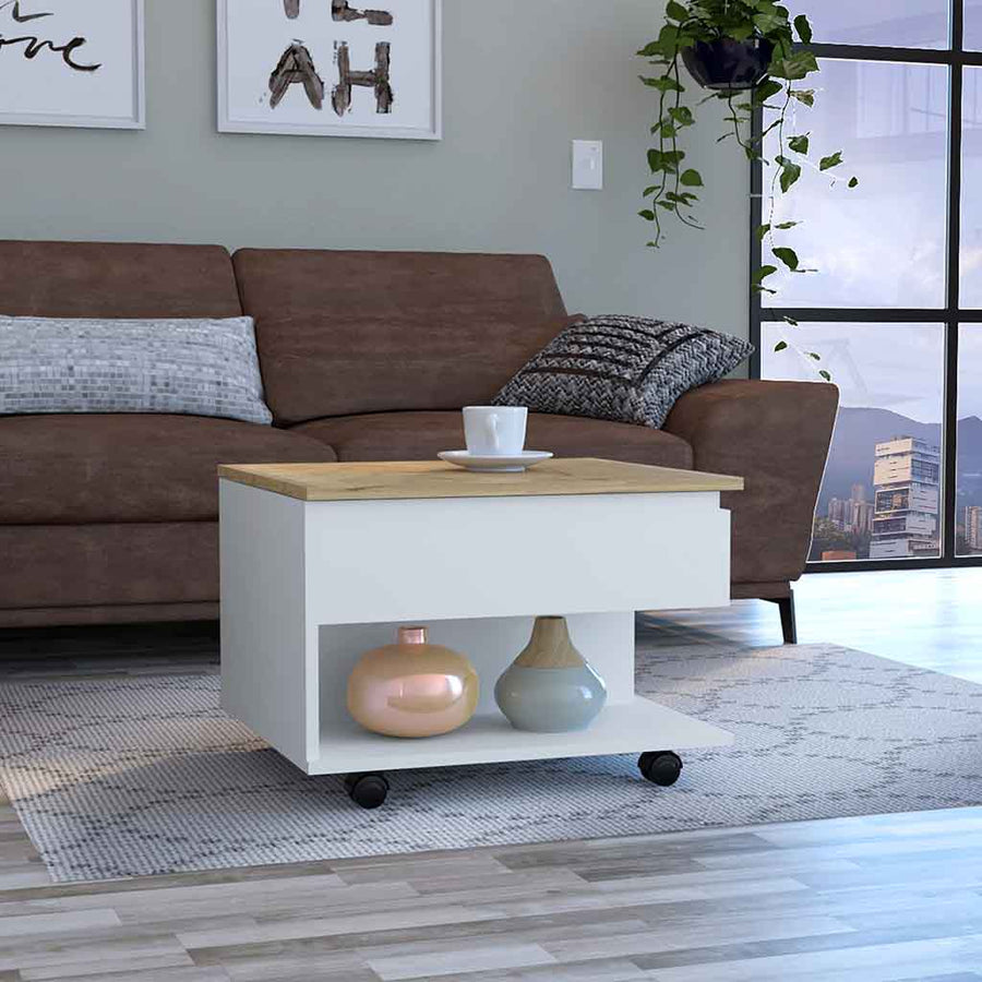 Mesa de centro elevable Luanda de 55 cm con ruedas, blanco y roble arena