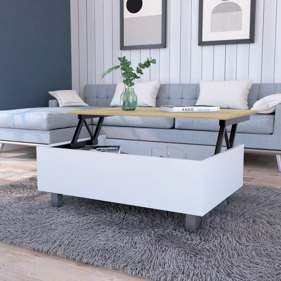 Mesa de centro elevable Gambia de 80 cm, blanco y roble arena