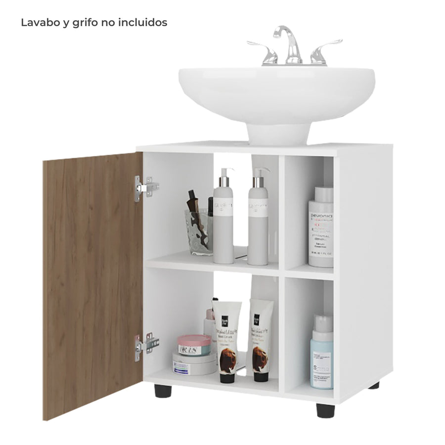 TUHOME CONCEPT Mueble bajo lavabo Pascuale de 55 cm con puerta y huecos laterales, blanco y roble