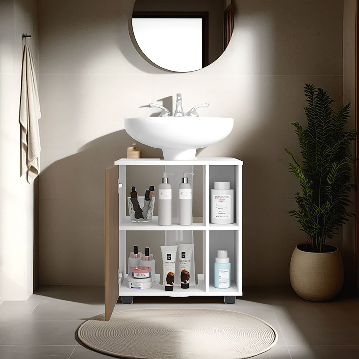 TUHOME CONCEPT Mueble bajo lavabo Pascuale de 55 cm con puerta y huecos laterales, blanco y roble
