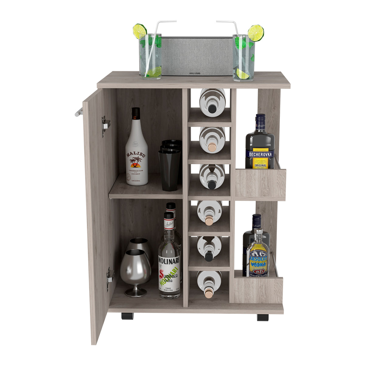 TUHOME CONCEPT Carrito de bar Dukat de 60 cm con botellero, 1 puerta y ruedas