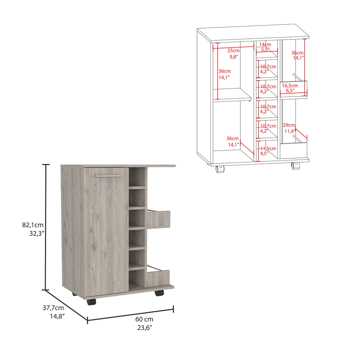 TUHOME CONCEPT Carrito de bar Dukat de 60 cm con botellero, 1 puerta y ruedas