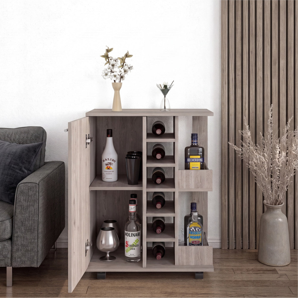 TUHOME CONCEPT Carrito de bar Dukat de 60 cm con botellero, 1 puerta y ruedas