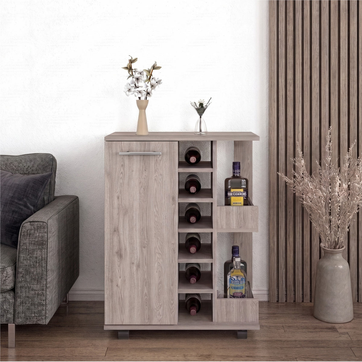 TUHOME CONCEPT Carrito de bar Dukat de 60 cm con botellero, 1 puerta y ruedas