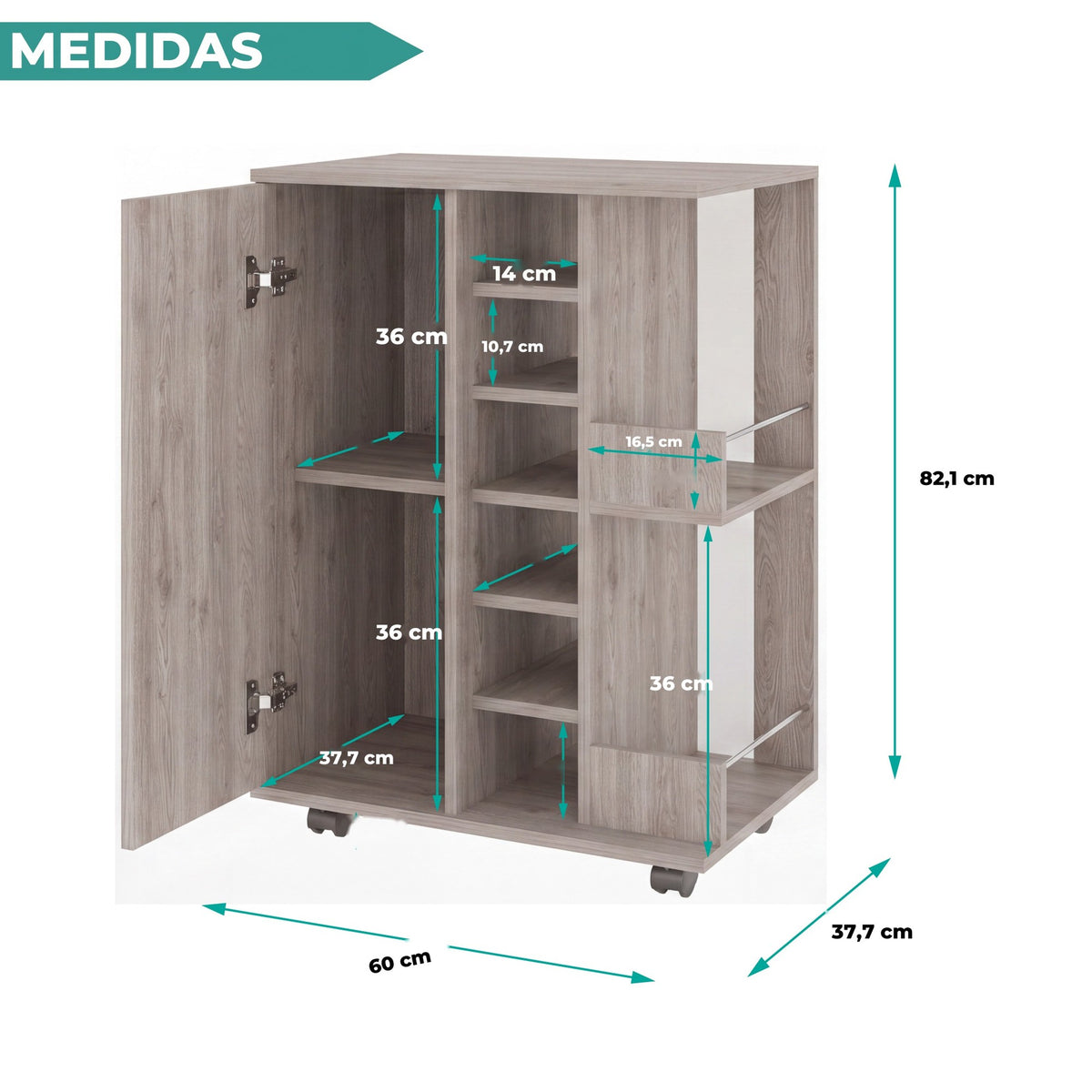 TUHOME CONCEPT Carrito de bar Dukat de 60 cm con botellero, 1 puerta y ruedas