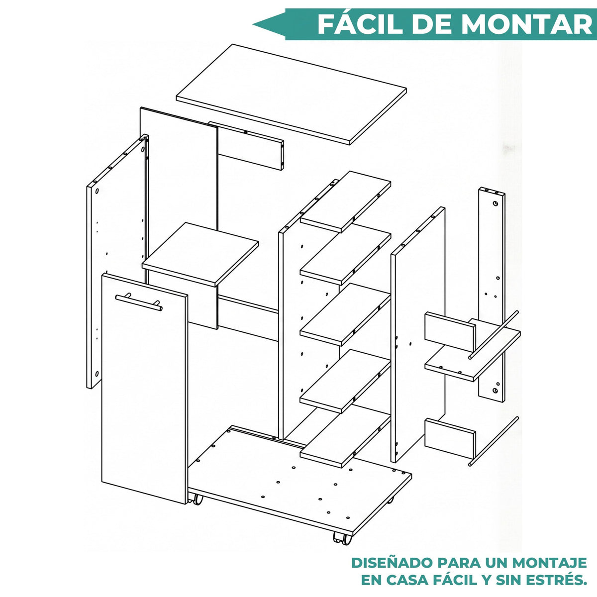 TUHOME CONCEPT Carrito de bar Dukat de 60 cm con botellero, 1 puerta y ruedas