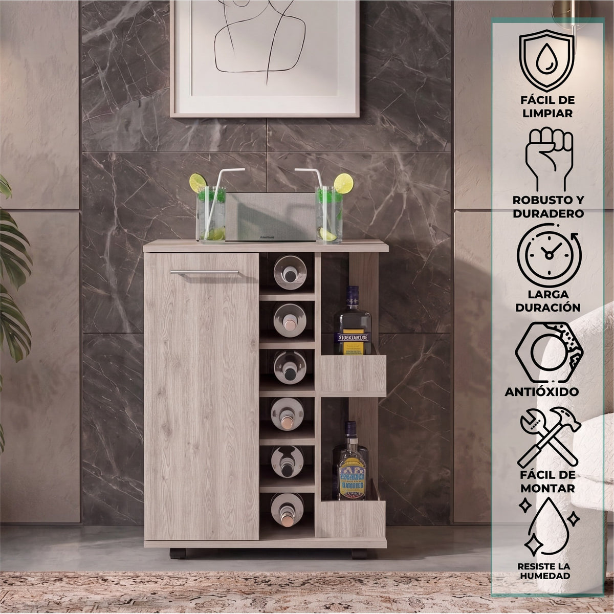 TUHOME CONCEPT Carrito de bar Dukat de 60 cm con botellero, 1 puerta y ruedas