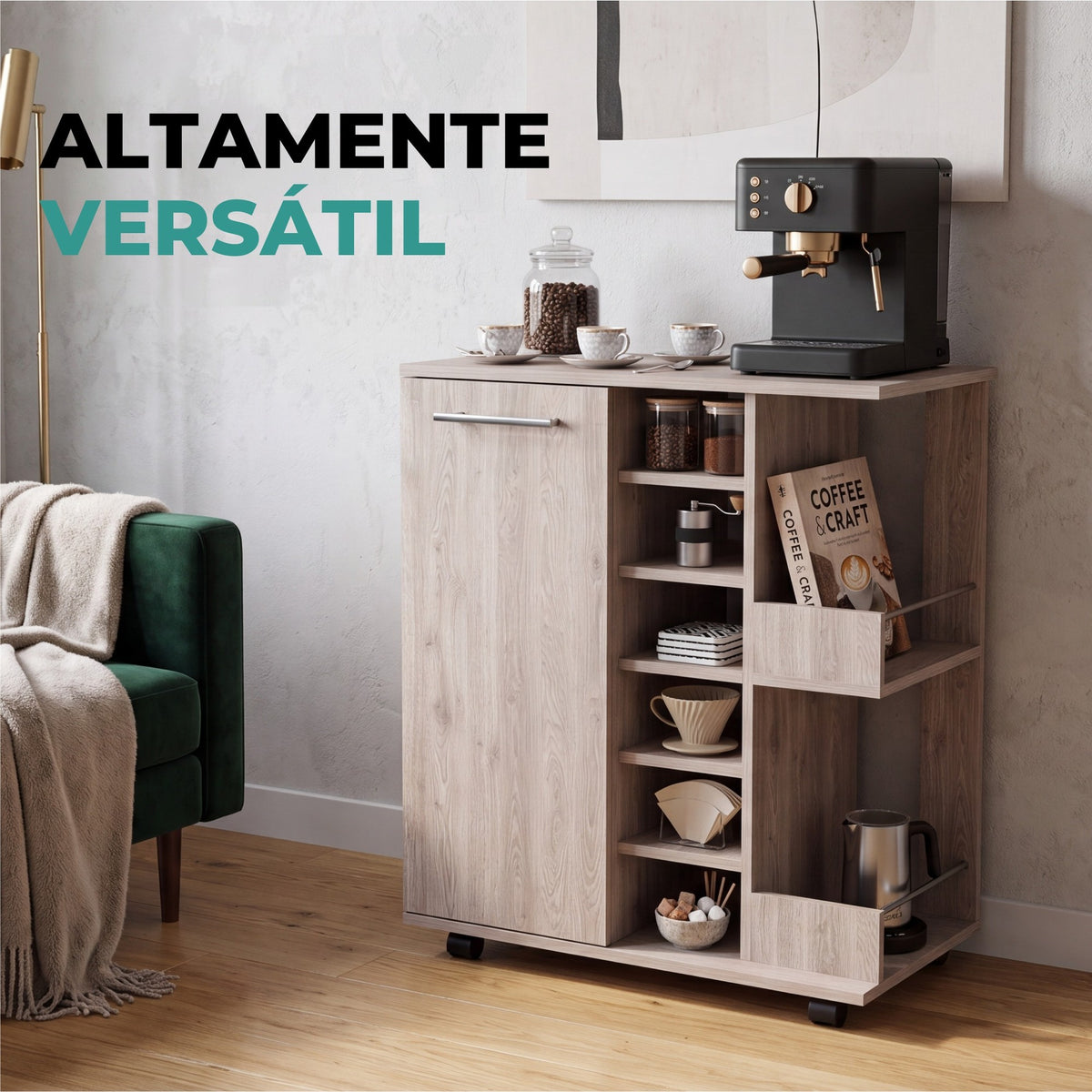 TUHOME CONCEPT Carrito de bar Dukat de 60 cm con botellero, 1 puerta y ruedas
