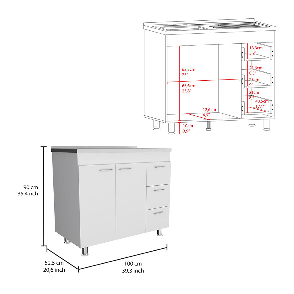 TUHOME CONCEPT Mueble bajo de cocina Ferretti de 100 cm con fregadero inox, 2 puertas y 3 cajones, blanco