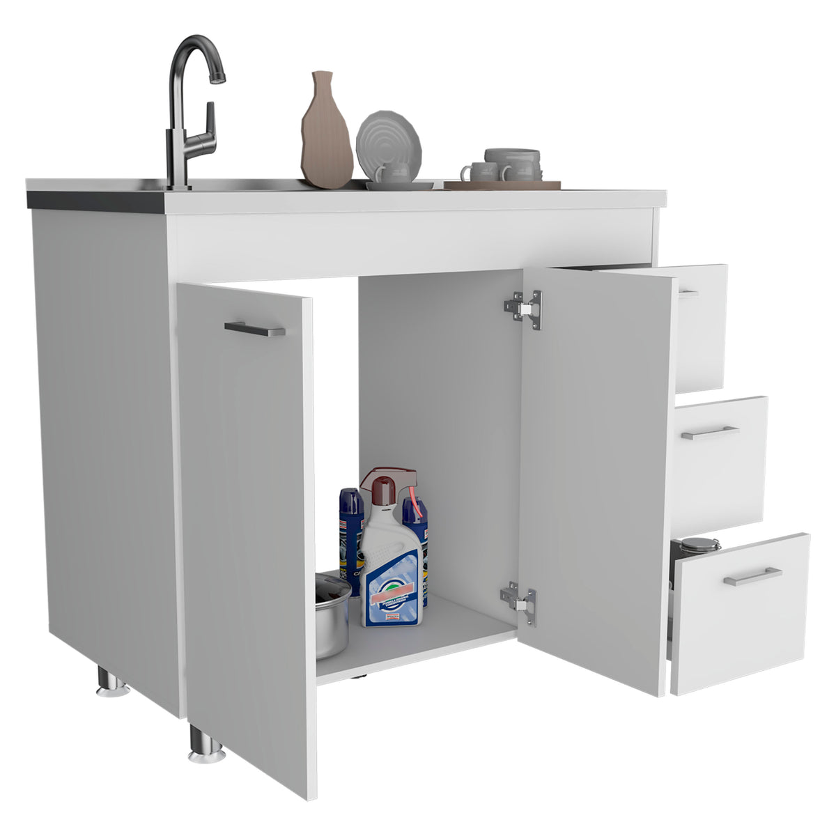 TUHOME CONCEPT Mueble bajo de cocina Ferretti de 100 cm con fregadero inox, 2 puertas y 3 cajones, blanco